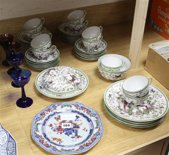 A blue and white part dinner service, a tea set, a Chinese export plate and various glasses